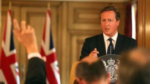 Britain's Prime Minister David Cameron answers questions at a news conference in Downing Street, central London