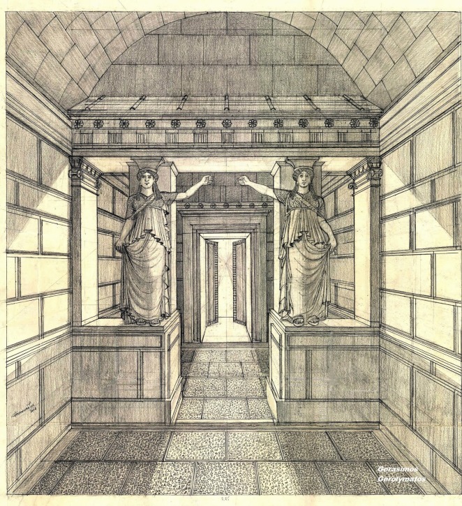 Σχεδιαστική αναπαράσταση της «Πύλης των Καρυατίδων», υπό κλίμακα. Μελάνι-μολύβι, 65Χ53 