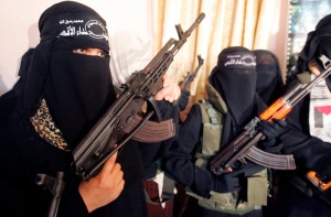 Female Palestinian suicide bombers attend a news conference in Gaza