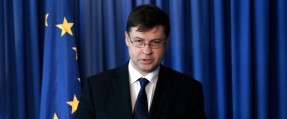 European Commissioner for Euro and Social Dialogue Valdis Dombrovskis speaks to the media during a press conference after a meeting with Cypriot Financial minister Charis Georgiades, at the foreign ministry house in capital Nicosia, Cyprus, Thursday, March 3, 2016. Dombrovskis lauded bailed-out Cyprus’ commitment to implementing structural reforms for turning the economy around and putting the Eurozone member back on a growth trajectory after nearly going bankrupt three years ago. (AP Photo/Petros Karadjias)